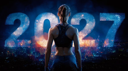 Fit woman with determined posture overlooking a sparkling city skyline with fireworks and the year 2027, representing the pursuit of health and wellness objectives for a fresh startの写真素材