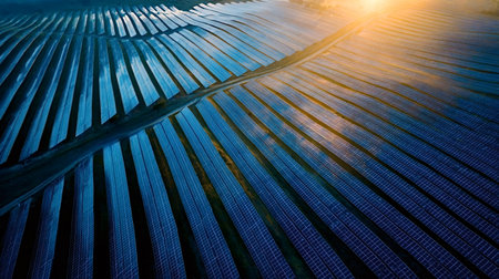 Solar panels converting sunlight into clean electricity, extending across a rural landscape during a...
