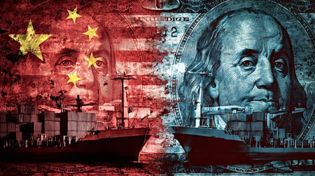 Benjamin Franklin's face is superimposed over the Chinese and American flags, with cargo ships symbolizing the ongoing trade war and economic tension between the two nationsの写真素材