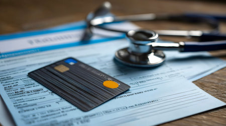 Stethoscope resting on medical forms and a credit card, symbolizing the financial aspects of healthcare, medical expenses, and the importance of health insurance for managing rising costsの写真素材