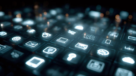 Digital icons glowing on a modern display representing global communication, connectivity, data...
