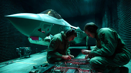 Military technicians in flight suits and headphones are testing and calibrating complex wiring...