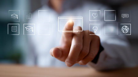 Person interacting with a futuristic user interface, selecting an app icon on a transparent display...