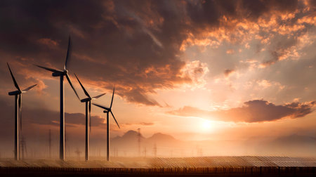 Wind turbines and solar panels are generating clean, sustainable electricity against an atmospheric...