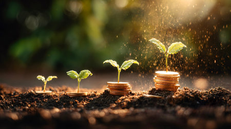 Young plants growing from golden coin stacks in dark soil with golden light and particles falling, representing investment growth, financial success, and wealth accumulation over timeの写真素材