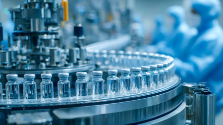 Vials moving along a conveyor belt, being processed by automated machinery in a sterile cleanroom environment with technicians in protective suits working on the production of a vaccineの写真素材