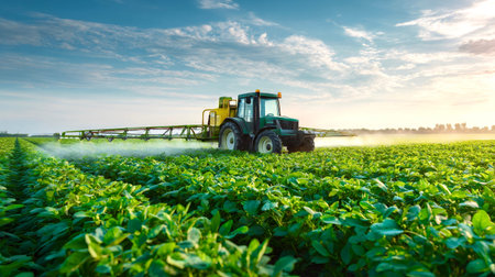 Tractor spraying liquid fertilizer over vibrant green crops in a rural field, illustrating modern farming technology, sustainable crop protection and agronomic production under blue skyの写真素材