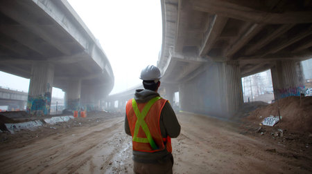 Construction worker in hard hat and safety vest are standing on a muddy site, communicating with a...