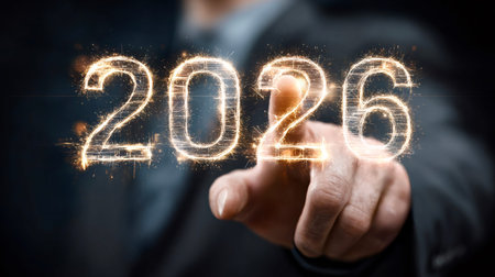 Businessman's finger points to a glowing 2026 sparkler effect, symbolizing upcoming business goals,...