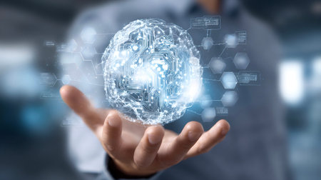 Person holding a glowing digital brain with a circuit board pattern and network of connected icons,...