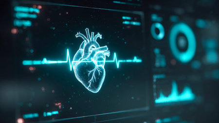 Digital human heart hologram presenting medical information on a screen with an active...