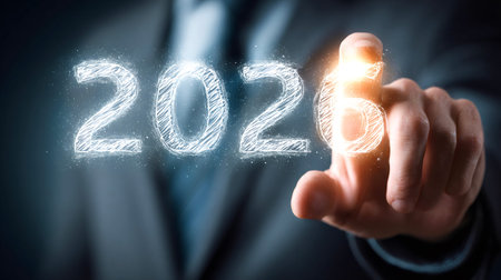 Businessman hand reaching out and interacting with a digital display of the year 2026, symbolizing...