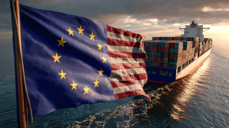 Eu and usa flags wave in the foreground as a container ship sails at sunset, symbolizing transatlantic trade, logistics, diplomacy and global supply chain connectionsの写真素材