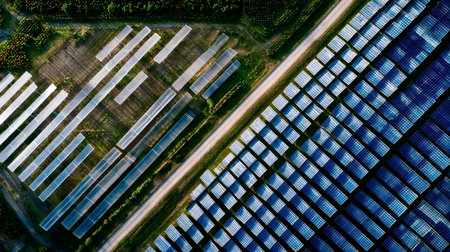 Aerial view highlighting numerous solar panels arranged in a large array, harnessing solar power and producing sustainable, environmentally friendly electricity for a greener futureの写真素材