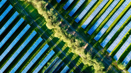 Solar panels covering a green field, generating sustainable electricity from sunlight, emphasizing...