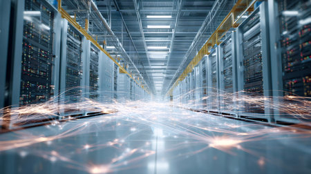 Data center server room featuring rows of server racks with illuminated network connections,...