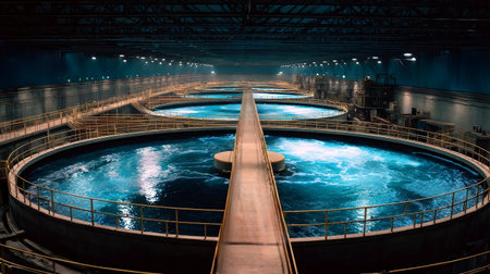 Industrial water treatment plant interior featuring multiple large circular clarifier tanks with light blue churning water, processes for purification and environmental conservationの写真素材