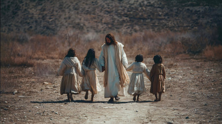 Jesus christ gently leading and guiding a group of young children by their hands along a dusty path in a dry barren landscape, symbolizing faith, protection, and spiritual guidanceの写真素材