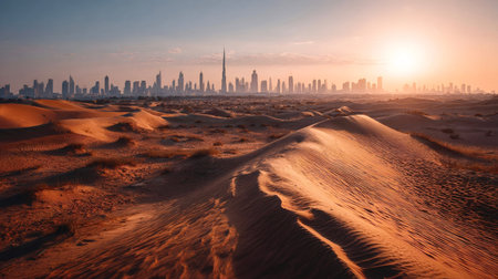 Dubai skyline rises from desert sand dunes, showing the dramatic contrast between urban development and natural landscape under a warm sunset glow, highlighting expansion and innovationの写真素材
