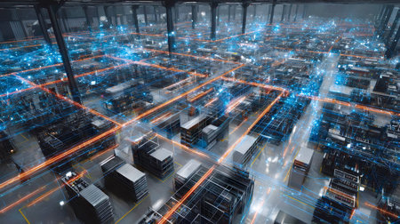 Modern industrial warehouse network with interconnected data lines and servers illustrating industry...