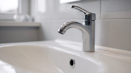 Chrome faucet with water spots on the surface, positioned over a clean white ceramic sink,...