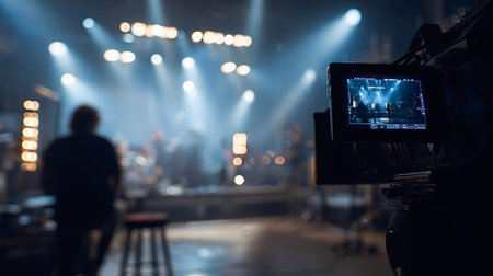 Professional video camera capturing a music performance or broadcast event from behind the scenes,...