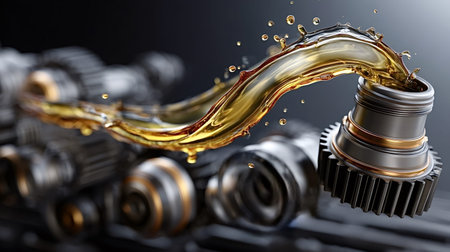 Engine oil pouring over a metal gear, dynamic splash highlighting lubrication and protection of...