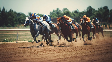 Racehorses and jockeys are galloping at high speed on a dirt track, kicking up dust during an...