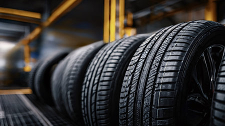 New car tires with deep tread and shiny rims aligned on a conveyor belt in a modern factory,...
