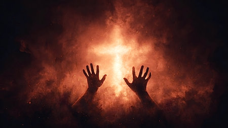 Human hands reach upwards towards a glowing cross shape emerging from intense red and orange smoke and fiery particles, symbolizing faith, struggle, and spiritual redemptionの写真素材
