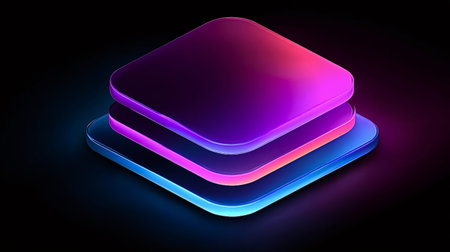 Stacked glowing neon squares featuring vibrant blue, pink, and purple light edges on a dark...
