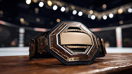 Gold and black mma championship belt symbolizing achievement and victory, resting on a wooden surface with a blurred fighting octagon and bright arena lights in the backgroundの写真素材