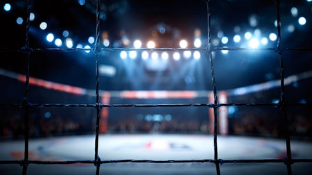 Empty fighting cage ring illuminated by bright blue and yellow arena lights, showing the fenced...