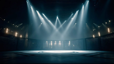 Empty mixed martial arts fighting cage with strong spotlights creating a dramatic atmosphere, ready...