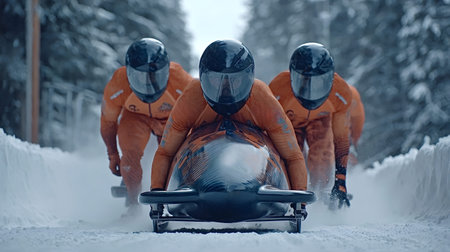 Bobsled team, consisting of three athletes in orange suits and helmets, powerfully pushing their...