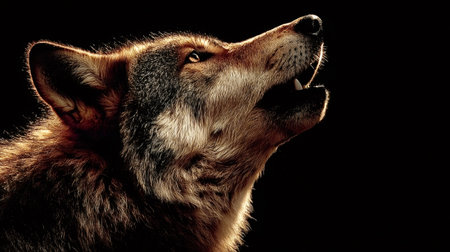 Gray wolf standing in profile, releasing a powerful howl at the moon, its fur illuminated by a...