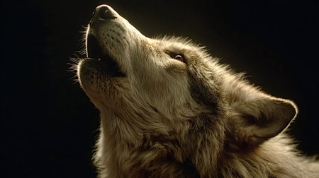 Wolf raising its head and opening its mouth, vocalizing a powerful howl into the night, symbolizing...