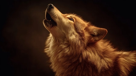 Powerful wolf head in profile, thick fur bristling as it howls into the night, fierce eyes and open muzzle conveying dominance, solitude and wild instinctの写真素材