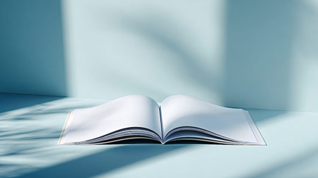 Open book with clear blank pages lies centered, creating a minimal staging with sunlight and shadow effects on a light blue background for content or design mockupsの写真素材