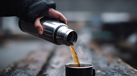 Person's hand pouring a steaming hot beverage from a stainless steel thermos into a metal mug on an outdoor wooden surface, providing warmth and comfort during cold weatherの写真素材