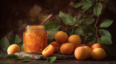 Apricot jam in a glass jar with an old spoon, surrounded by fresh whole and half apricots, along with green leaves and a branch, arranged as a still life against a dark, rustic backgroundの写真素材