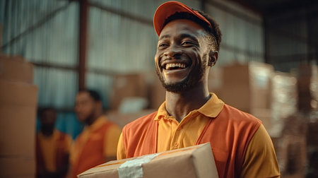 Smiling african american delivery man wearing an orange uniform and cap, holding a cardboard box while standing in a busy warehouse, representing efficient shipping and cheerful serviceの写真素材