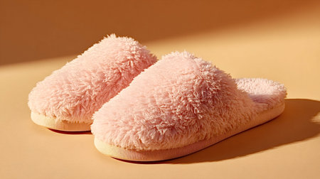 Soft fluffy pink slippers on a warm orange background casting soft shadows, evoking cozy home comfort, relaxation and quiet indoor hygge for everyday leisureの写真素材