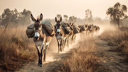 Donkeys carrying heavy sacks walking in a line on a dusty rural path during sunset, illustrating hard work, perseverance, and traditional animal transportの写真素材