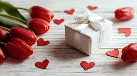Red tulips and a white gift box with a ribbon are arranged on a white wooden background, surrounded by scattered red paper hearts, symbolizing love and special occasionsの写真素材