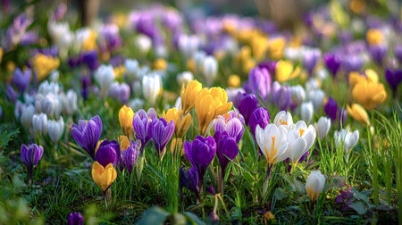Crocus flowers in vibrant purple, yellow, and white hues are blossoming across a green meadow, symbolizing the refreshing arrival of spring and new beginnings in natureの写真素材
