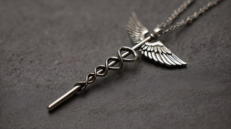 Silver medical symbol pendant depicting two serpents coiled around a winged staff, resting on a dark, textured surface, representing medicine and healthcareの写真素材