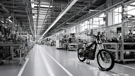 Motorcycle frame on a modern industrial assembly line inside a clean, high tech factory, highlighting automated manufacturing, precision machinery and streamlined vehicle productionの写真素材