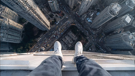 Feet dangling over a skyscraper edge, overlooking busy city streets and tiny cars far below, evoking vertigo, danger, and exhilarating urban perspective from aboveの写真素材