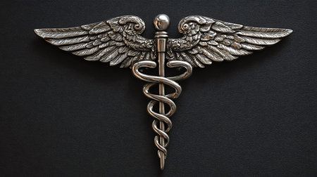 Caduceus symbol, featuring a winged staff intertwined with two snakes, representing concepts like healthcare, medicine, pharmacy, and professional expertise against a dark backgroundの写真素材